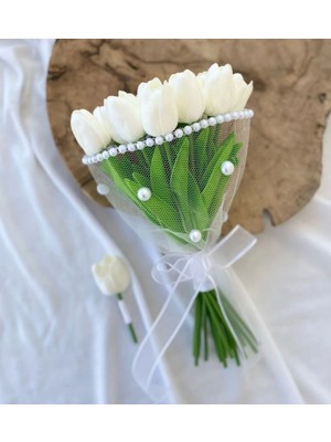 Bioren Inci Detaylı Islak Lale Gelin Buketi, Gelin Çiçeği (Yaka Çiçeği Hediyeli)