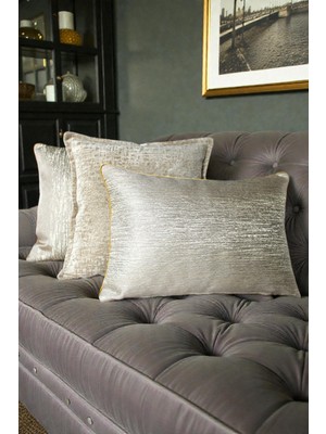 Visionario Kırlent Kılıfı Çizgili Desenli Jakarlı Dokuma ve Kadife Kumaş Seti 45X45 35X50 Çift Taraflı Biyeli