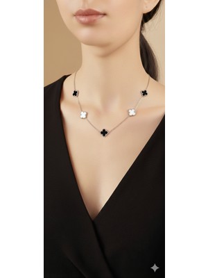 Shae Jewelry 5'li Siyah ve Beyaz Renk Yonca Model Kolye ve Bileklik Paslanmaz Çelik Orta Boy