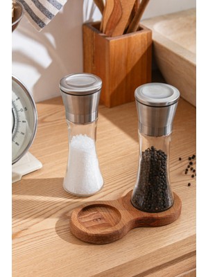 BURADABULDUN Ahşap Standlı Cam Tuz Karabiber Değirmeni | Paslanmaz Çelik Kapak | 2 Li Set