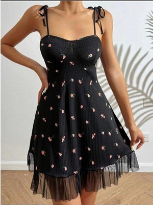 Intive Lingerie Kadın Siyah Pembe Gül Desenli Askılı Bağlamalı Dantel Detaylı Elbise 5072