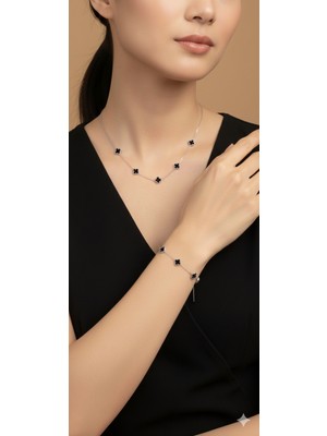 Shae Jewelry 5'li Siyah Renk Yonca Model Kolye ve Bileklik Paslanmaz Çelik Orta Boy