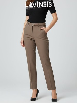 Lavinsis Yüksek Bel Dar Paça Pantolon Kemerli Kaliteli Kumaş Pantolon