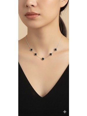 Shae Jewelry 5'li Siyah Renk Yonca Model Kolye ve Bileklik Paslanmaz Çelik Büyük Boy