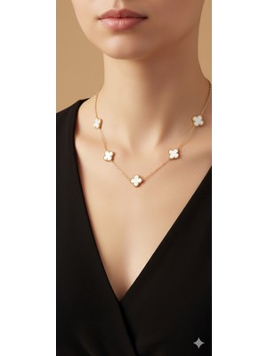 Shae Jewelry 5'li Beyaz Renk Yonca Model Kolye ve Bileklik Paslanmaz Çelik Büyük Boy