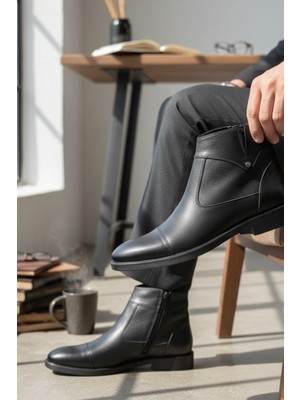 Enoch Hakiki Deri Dokulu Yüzey Yan Fermuarlı Klasık Erkek Bot