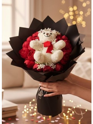 Nettenevime Sevgililer Günü Hediye Yapay Çiçek Kırmızı Şakayık Beyaz Peluş Ayıcıklı Buketi Sevgiliye Hediye