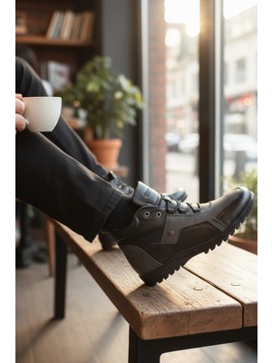 Enoch Hakiki Deri Gri Detaylı Sportif Bağcıklı Erkek Bot