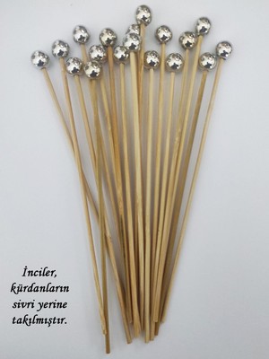 TM Tasarım Mağazası 15 cm Uzun Kürdan - 30 Adet Dekoratif Gümüş Büyük Incili Sunum Kürdanı - Kokteyl Karıştırıcı - Inci 10 mm
