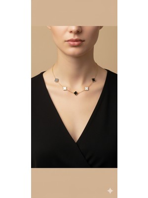 Shae Jewelry 5'li Siyah ve Beyaz Renk Yonca Model Kolye Paslanmaz Çelik Büyük Boy