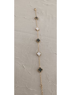 Shae Jewelry 5'li Siyah ve Beyaz Renk Yonca Model Bileklik Paslanmaz Çelik Orta Boy