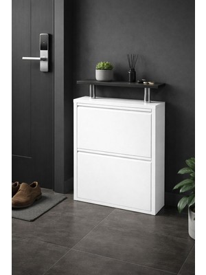 Karlı 2'li Beyaz Metal Ayakkabılık ( Beyaz Ahşap Tablalı )