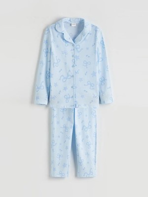 LC Waikiki Mavi Gömlek Yaka Fiyonk Desenli Kız Çocuk Pijama Takımı  (S6)