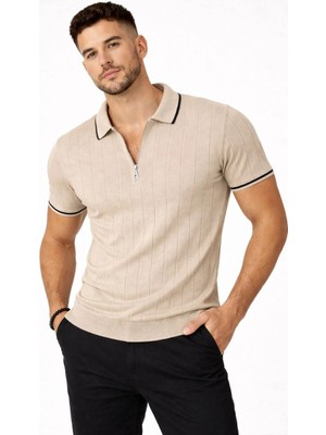 Erkek Fermuarlı Yaka Fitilli Triko Kısa Kollu Regular Fit Tişört T-Shirt - Bej