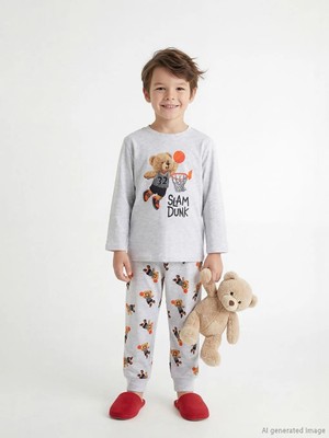 LC Waikiki Gri Baskılı Erkek Çocuk Penye Pijama Takım  (S6)