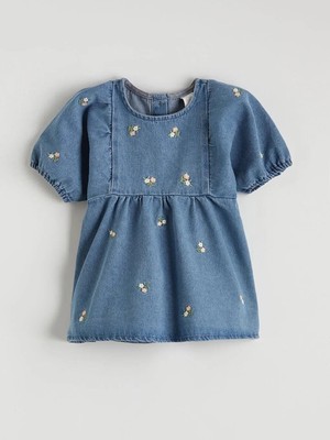 LC Waikiki Mavi Bisiklet Yaka Çiçekli Kız Bebek Jean Elbise  (S6)