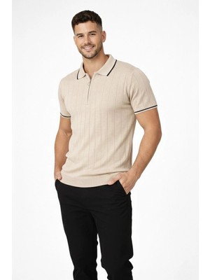 Erkek Fermuarlı Yaka Fitilli Triko Kısa Kollu Regular Fit Tişört T-Shirt - Bej