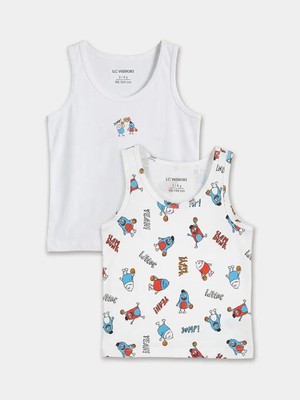 LC Waikiki Beyaz Bisiklet Yaka Baskılı Erkek Çocuk Iç Giyim Atlet 2 Li  (S6)