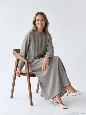 LC Waikiki Gri Bisiklet Yaka Balon Kollu Elbise  (S6)