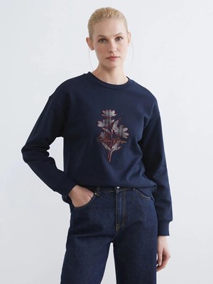 LC Waikiki Bisiklet Yaka Çiçekli Kadın Kalın Sweatshirt  (S6)