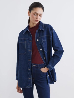 LC Waikiki Indigo Gömlek Yaka Kadın Jean Ceket  (S6)