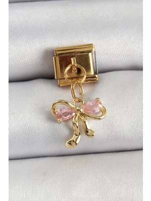 Bsre Sallantılı Zirkon Taşlı Fiyonk Figürlü Gold Renk Nomination Charm (316L Çelik)