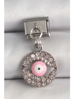Bsre Gümüş Renk Sallantı Zirkon Taşlı Pembe Gözlü Nomination Charm (316L Çelik)