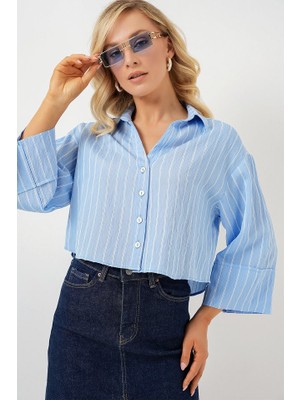 Queene Dreams Çizgili Oversize Kısa Gömlek 20326 - Mavi