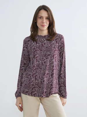 LC Waikiki Mürdüm Fırfırlı Dik Yaka Desenli Bluz  (S6)