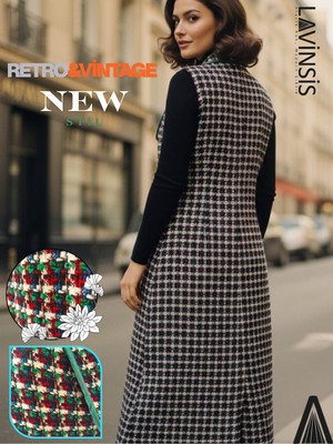 Lavinsis Yeşil Dokunuşlu Kazayağı Elegansı – Uzun Hafif Triko Yelek Modern Retro Vintage Tarzın