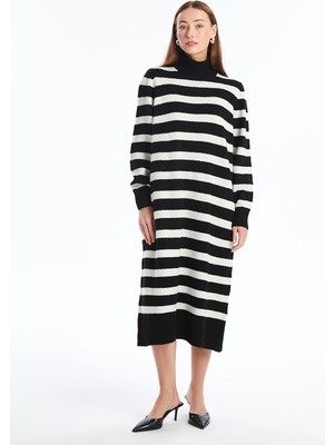 Lc Waikiki Yeni Sezon Balıkçı Yaka Çizgili Uzun Kollu Oversize Kadın Triko Elbise