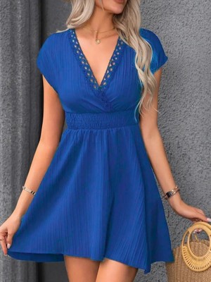 Yeşil Sarmaşık Kadın Kısa Kollu Kruvaze Yakalı Beli Lastikli Bürümcük Elbise