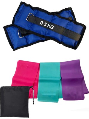 PremiumPort Çantalı 3'lü Pilates Direnç Bandı ve 0.5 kg Bilek Ağırlığı Seti