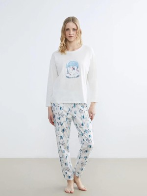 LC Waikiki Ekru Bisiklet Yaka Yılbaşı Temalı Kadın Pijama Takımı  (S6)