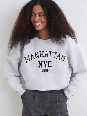 LC Waikiki Gri Nyc Baskılı Oversize Kadın Sweatshirt  (S6)