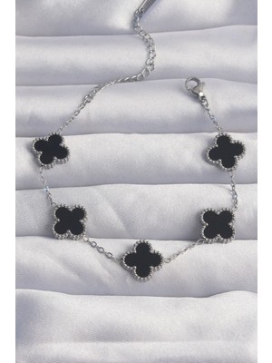 Bsre Gümüş Renk Siyah Mineli Yonca Bileklik (316L Çelik)