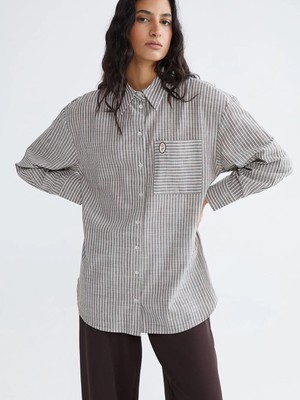 LC Waikiki Kahverengi Çizgili Oversize Poplin Kadın Gömlek Tunik  (S6)