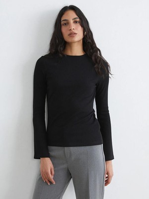 LC Waikiki Siyah Bisiklet Yaka Fitilli Kadın Body  (S6)