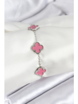 Bsre Gümüş Pembe Renk Yonca Bileklik (316L Çelik)