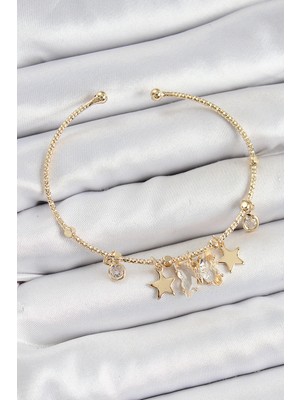 Bsre Pirinç Zirkon Taşlı Kelebek ve Yıldızlı Charm Bileklik (Gold Renk)