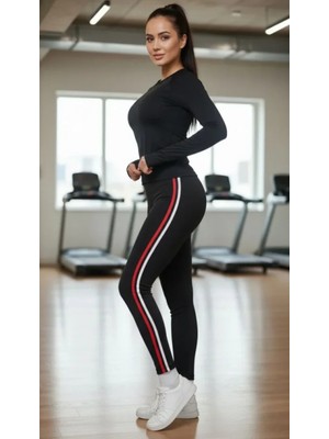 Pilelistore- Likralı Penye Yanı Kırmızı Beyaz Şeritli Dar Kalıp Spor Tayt - Siyah - Siyah