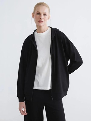 LC Waikiki Siyah Kapüşonlu Soft Touch Kadın Fermuarlı Sweatshirt  (S6)