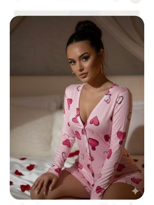 Trend Dokunuş Sevgililer Günününe Özel Kalp Desenli Romantik Pamuklu Şortlu Gecelik Uzun Kollu Pijama Takım