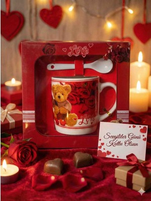 Mik Store Sevgililer Günü Hediyesi Kırmızı Ayıcıklı Seramik Kupa ve Kaşık Seti - Özel Kutulu