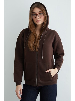 FullaModa Basic Fermuarlı Kapüşonlu Oversize Sweatshirt