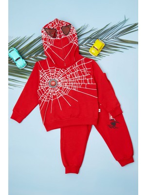 FullaModa Örümcek Baskılı Işıklı Kapüşonlu Erkek Çocuk Takım