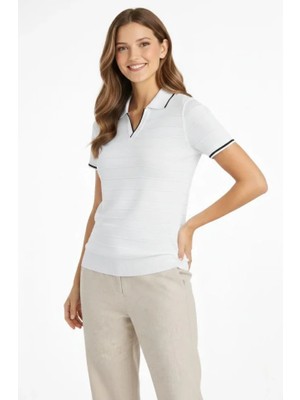 Nidam Butik Triko Kumaş Yakalı Düğmesiz Açık Yaka Fitilli Kısa Kollu Regular Fit Tişört T-Shirt - Beyaz