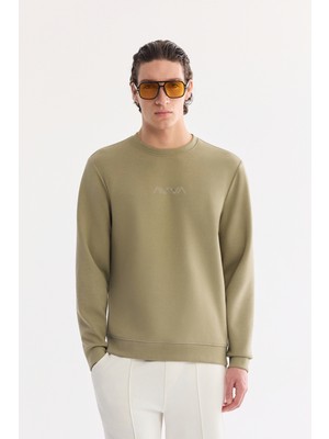 AVVA Erkek Haki Bisiklet Yaka Pamuklu Kolay Ütülenen Regular Fit Sweatshirt A61Y1205