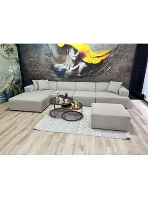 Erduran Mobilya Monza 4 Modül Artı Puf Uzanmalı Zero 03 Leke Tutmaz Kumaş Köşe Koltuk Takımı