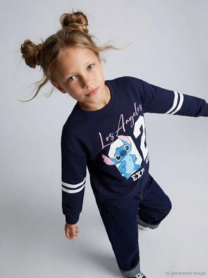 LC Waikiki Lcw Kids Lacivert Stitch Baskılı Kız Çocuk Sweatshirt